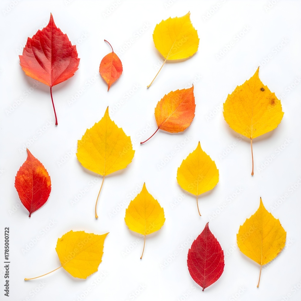 Obraz premium A vibrant arrangement of autumn leaves in various colors on a clean white background, showcasing nature's beauty