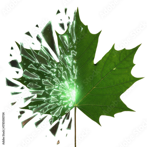 Green maple leaf with shattered glass effect isolated on transparent background, a conceptual image of nature and fragility