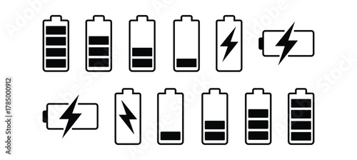 Battery icon set in black color for user interface. Battery charge level indicator collection.