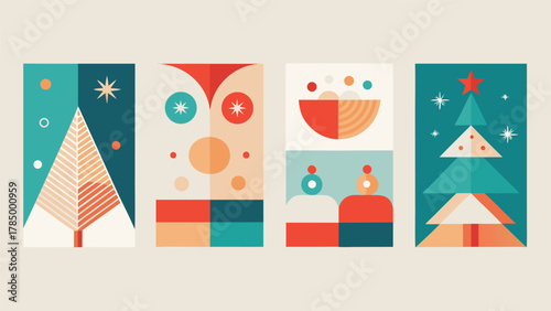 Four vibrant Christmas banners featuring unique designs, showcasing festive colors and holiday themes..eps