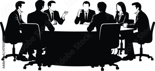 Business meeting silhouette, corporate teamwork vector, office discussion clipart, round table collaboration, black professional group illustration, leadership concept