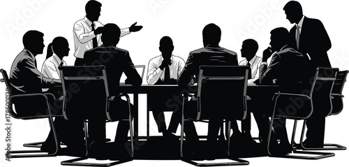 Business meeting silhouette, corporate leadership, teamwork discussion, black vector, professional group, strategy talk, office collaboration, formal setting, unity, success