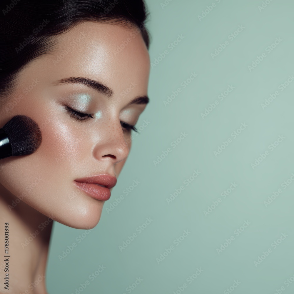 Naklejka premium fashion model applying natural makeup, pastel tones and elegance fashion model, natural makeup, pastel tones, elegance, soft light, minimalist background, pastel beauty, graceful pose, feminine style