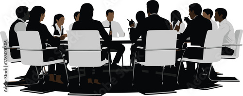 Corporate meeting silhouette, business team discussion vector, office collaboration clipart, leadership concept, round table strategy, professional communication graphic