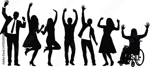 Inclusive celebration silhouette, diverse people dancing, wheelchair user joy, unity, happiness, black vector, party pose, disability awareness, community fun
