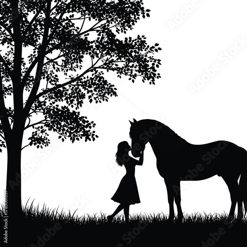 Silhouette of person with horse under tree, emotional bond, peaceful nature scene, countryside moment, animal love, rural lifestyle, connection