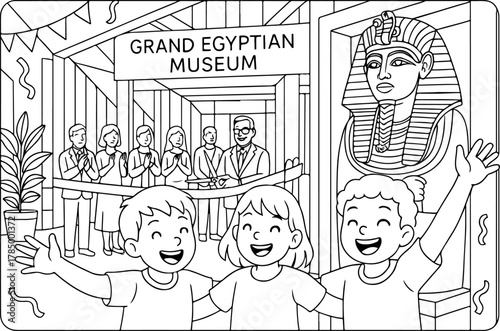 hand drawn vector illustration of Grand Egyptian Museum coloring page for kids