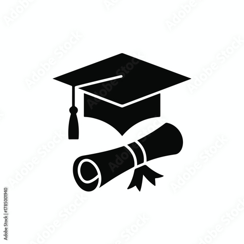 A minimalist black and white icon design featuring a graduation mortarboard cap with a tassel and a rolled diploma with a ribbon. Transparent background.