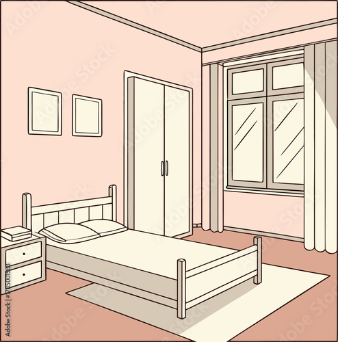 Small apartment bedroom interior with white bed, minimalist flat 2D vector illustration.