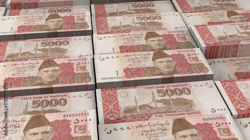 Pakistan 5000 Rupee Horizontal 3D Animation ? Realistic Money Flow, Business, Investment, Economy, Banking, and Currency Exchange Visualization for Financial Concept