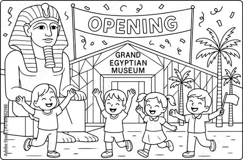 hand drawn vector illustration of Grand Egyptian Museum coloring page for kids