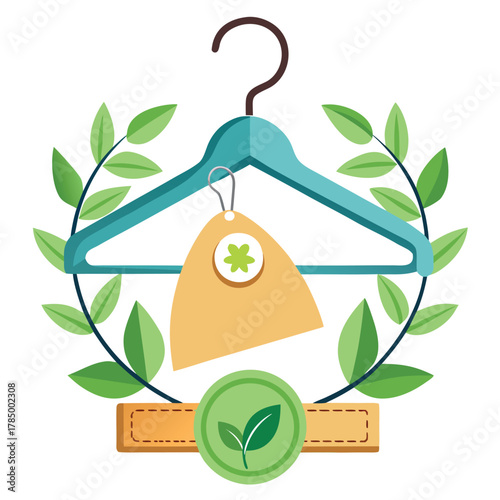 Eco-Friendly Sustainable Fashion Hanger Badge Vector with Laurel Wreath and Green Leaf