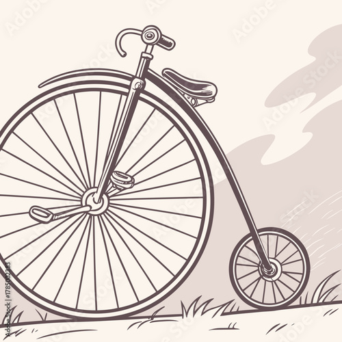 Illustration of a vintage pennyfarthing bicycle on a grassy field