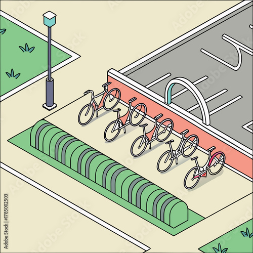 Isometric illustration of a bicycle parking area with several parked bikes