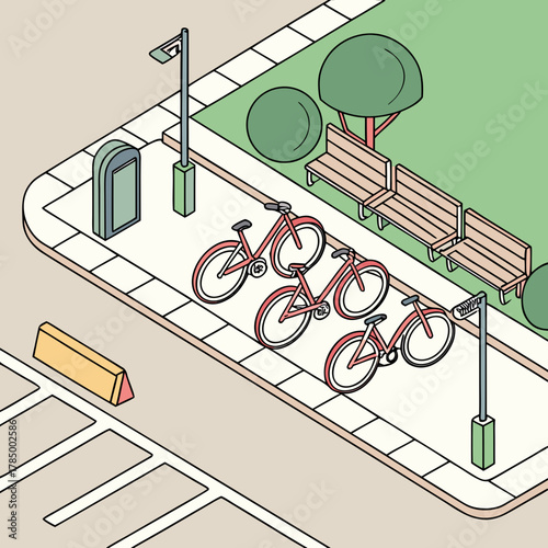 Isometric view of bicycles parked near benches and streetlights in a park