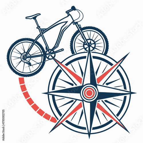 Mountain bike with compass rose, , adventure concept