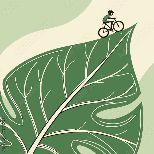 Person riding a bicycle on a leaf with a green background