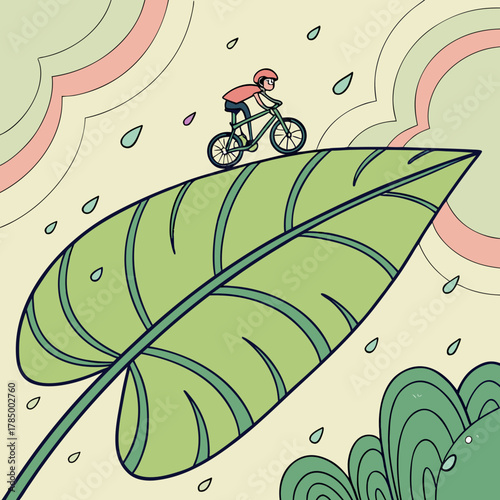 Person riding a bicycle on a leaf with a colorful background
