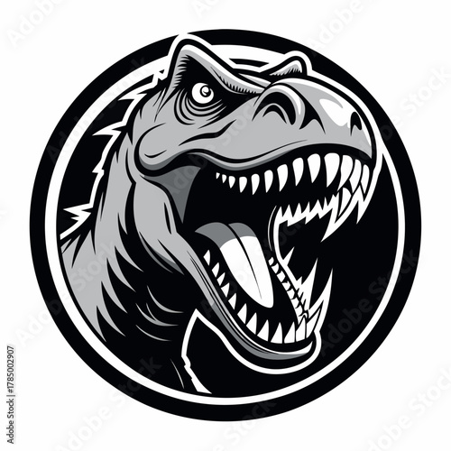 Roaring T-Rex Dinosaur Head Mascot in Circle Badge Vector Logo for Gaming and Sports
