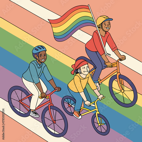Three people riding bicycles with a pride flag on a rainbow colored road