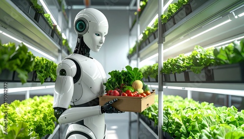 A humanoid robot carefully holds a box of fresh vegetables in a modern indoor garden setting