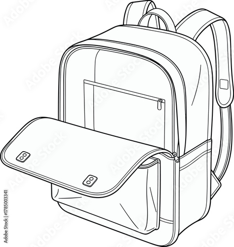 Minimalist backpack line art illustration with open front pocket, modern school bag outline design for student, travel, and education concept.