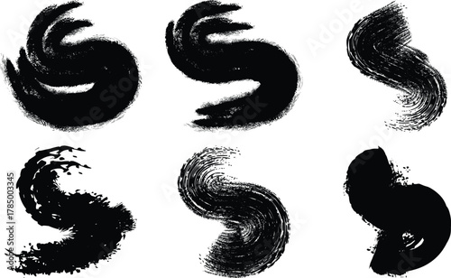 Six abstract black ink brush stroke swirls and curves with a textured grunge effect isolated on transparent background