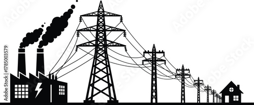 Electric power transmission process, factory chimneys 