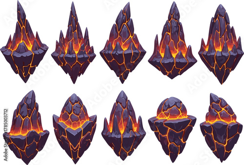 Floating volcanic lava rocks, glowing magma fantasy stones, magical environment elements, dark cracked texture, surreal landscape design, cad drawing flat vector illustration