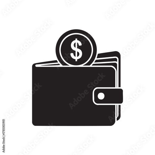 Black silhouette of a wallet with a dollar coin on top isolated on transparent background