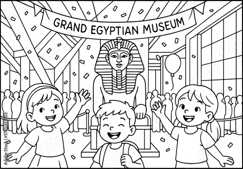 hand drawn vector illustration of Grand Egyptian Museum coloring page for kids