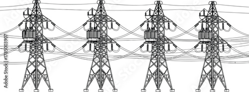 High voltage electricity transmission towers, steel lattice pylons, power grid infrastructure, energy distribution lines, industrial engineering, cad drawing flat vector illustration
