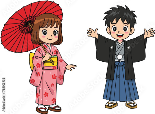 Japanese children, traditional clothing, cartoon kimono, cultural attire, smiling boy and girl, vector illustration, umbrella, geta sandals, festive outfit, animated style