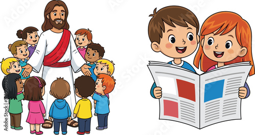 Jesus teaching children, spiritual guidance, kids reading newspaper, educational moment, cartoon style, religious illustration, learning concept, diverse children, cad drawing flat vector illustration