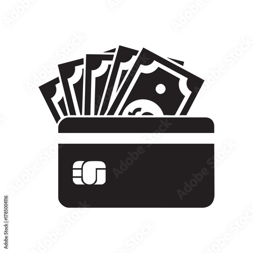Black credit card with fan of dollar bills isolated on transparent background