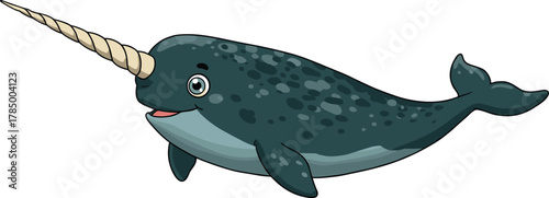 Narwhal cartoon character, spiral tusk, blue marine animal, vector illustration for children, ocean wildlife design, nursery wall art decor