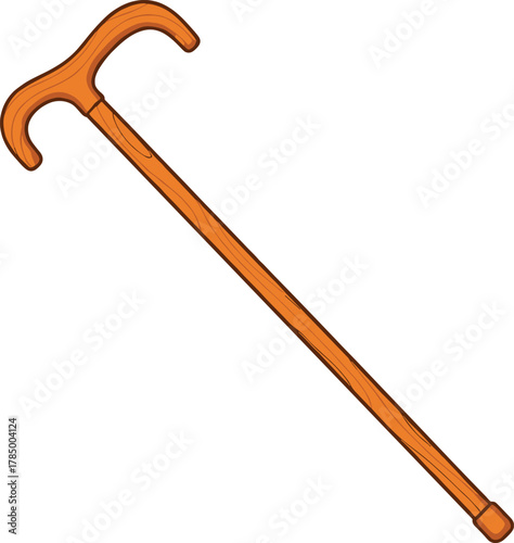 Orange walking cane with ergonomic curved handle, mobility aid vector, assistive device illustration, support tool design for elderly care