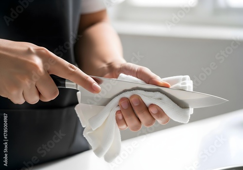 Close-up of hands in an apron meticulously wiping a sharp steel chef knife with a white cloth, highlighting kitchen hygiene and culinary care