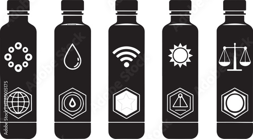 Smart water bottle icon set. flat silhouette illustration