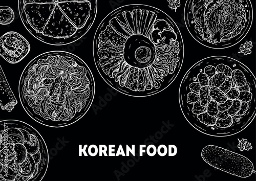 Korean food frame. Hand drawn top view Korean food dishes vector sketch illustration. Nakji bokkeum, kimbap, japchae, pajeon, bibimbap, bulgogi, kimchi, corn dog.