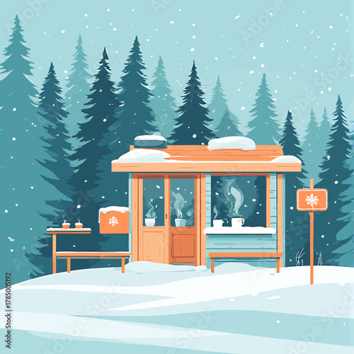 A cozy flat design illustration of a warming hut or rest stop at the Harbin International Ice and Snow Sculpture Festival, offering a comforting respite from the cold