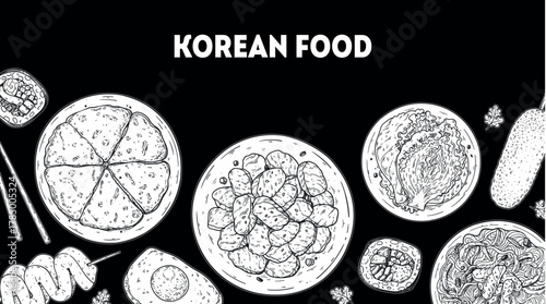 Korean food frame. Hand drawn top view Korean food dishes vector sketch illustration. Kimbap, odeng, pajeon, bulgogi, kimchi, japchae, corn dog, egg bread