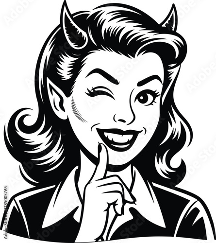 Retro devil woman winking with horns and a mischievous smile