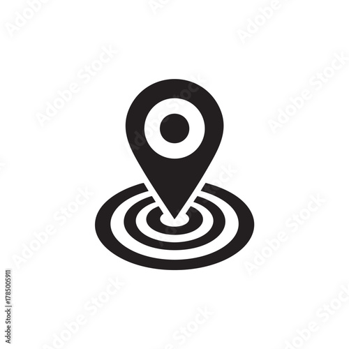Black location pin icon with concentric circles isolated on transparent background