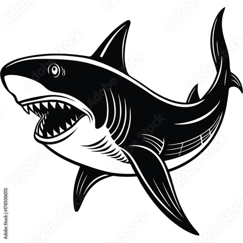 Illustration of predatory shark fish with sharp teeth in deep sea ocean style