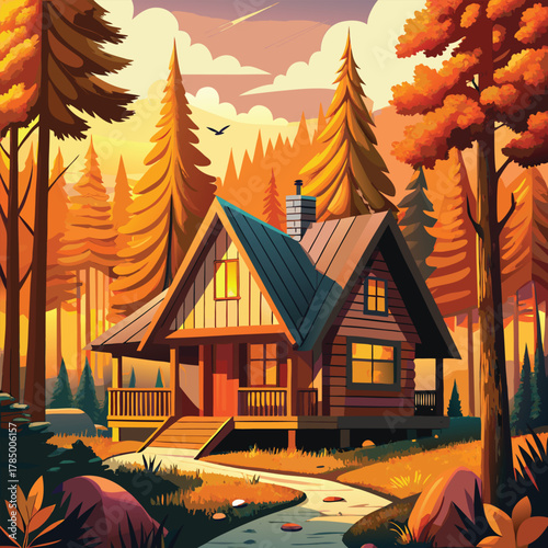 Secluded cabin retreat in autumn woods, peaceful nature landscape secluded