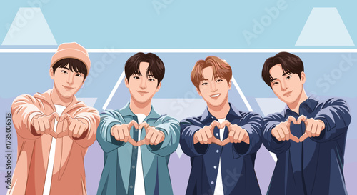 K-pop group making heart gestures for fan appreciation content and promotional materials