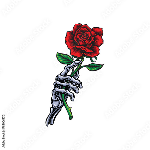 Skeleton Hand Holding a Red Rose with Green Leaves Keywords: skeleton, hand, bone, fingers
