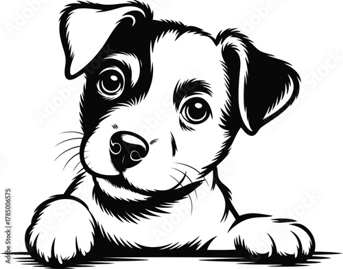 Adorable black and white sketch of a puppy peeking over an edge