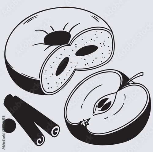 apple cider donut cutout  silhouette vector art illustration, black and white cartoon illustration of an apple